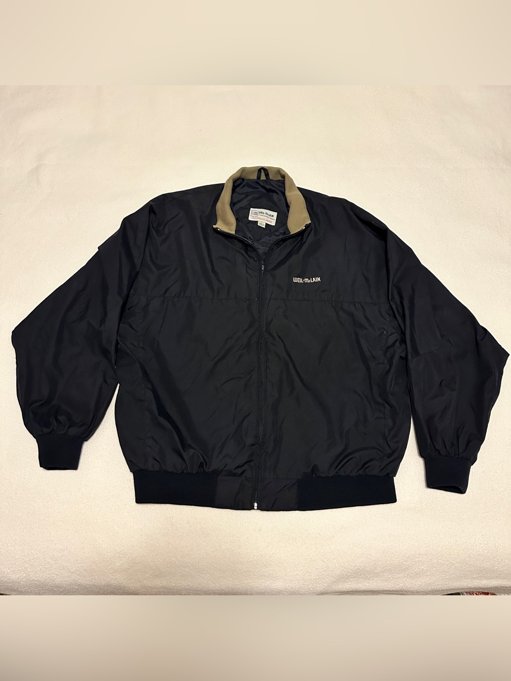 Vintage Weil-McLain Men's Navy Bomber Jacket with Tan Collar